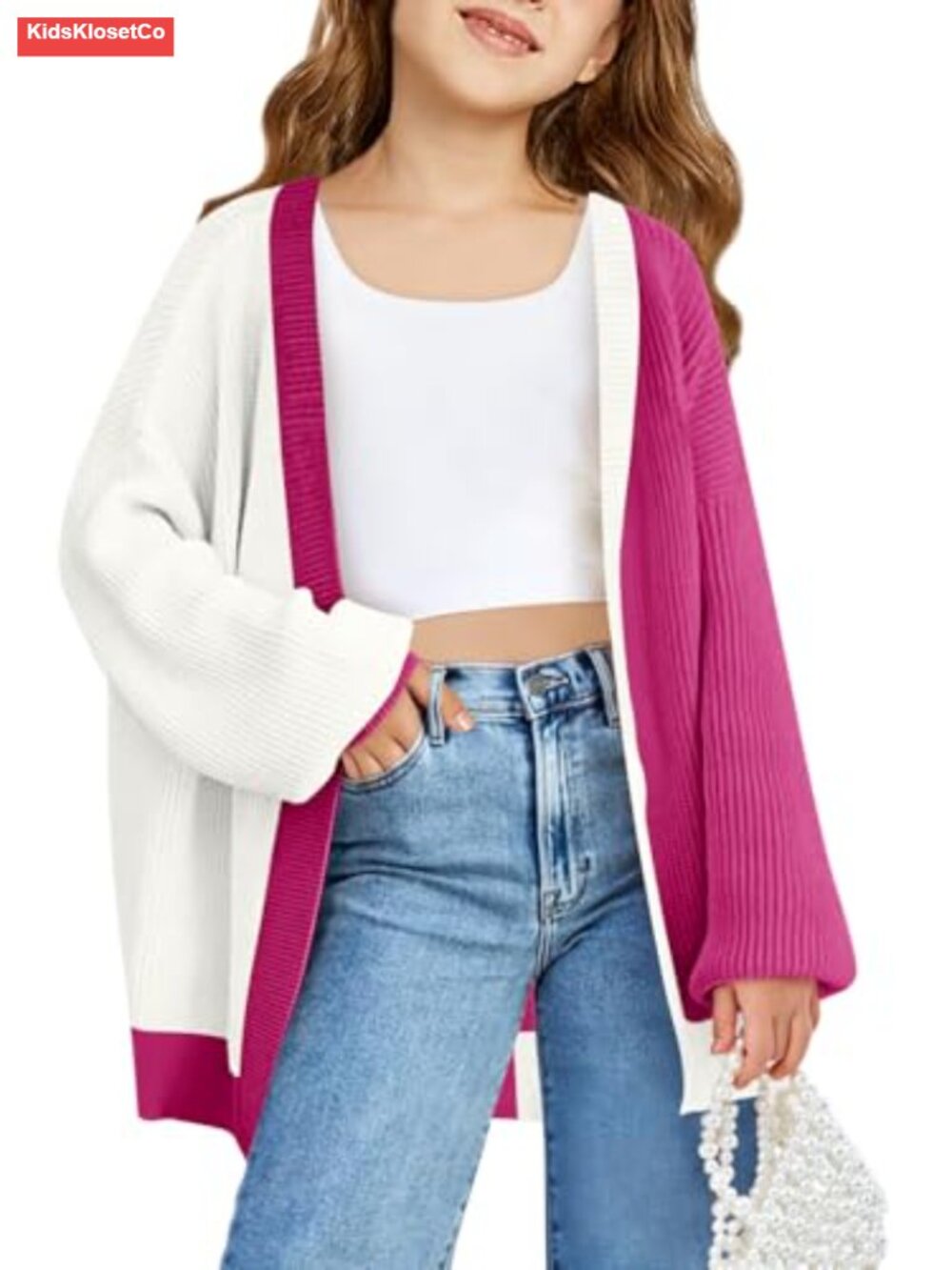 Girls Oversized Color Block Ribbed Knit Cardigan Batwing Sleeve Open Front Long